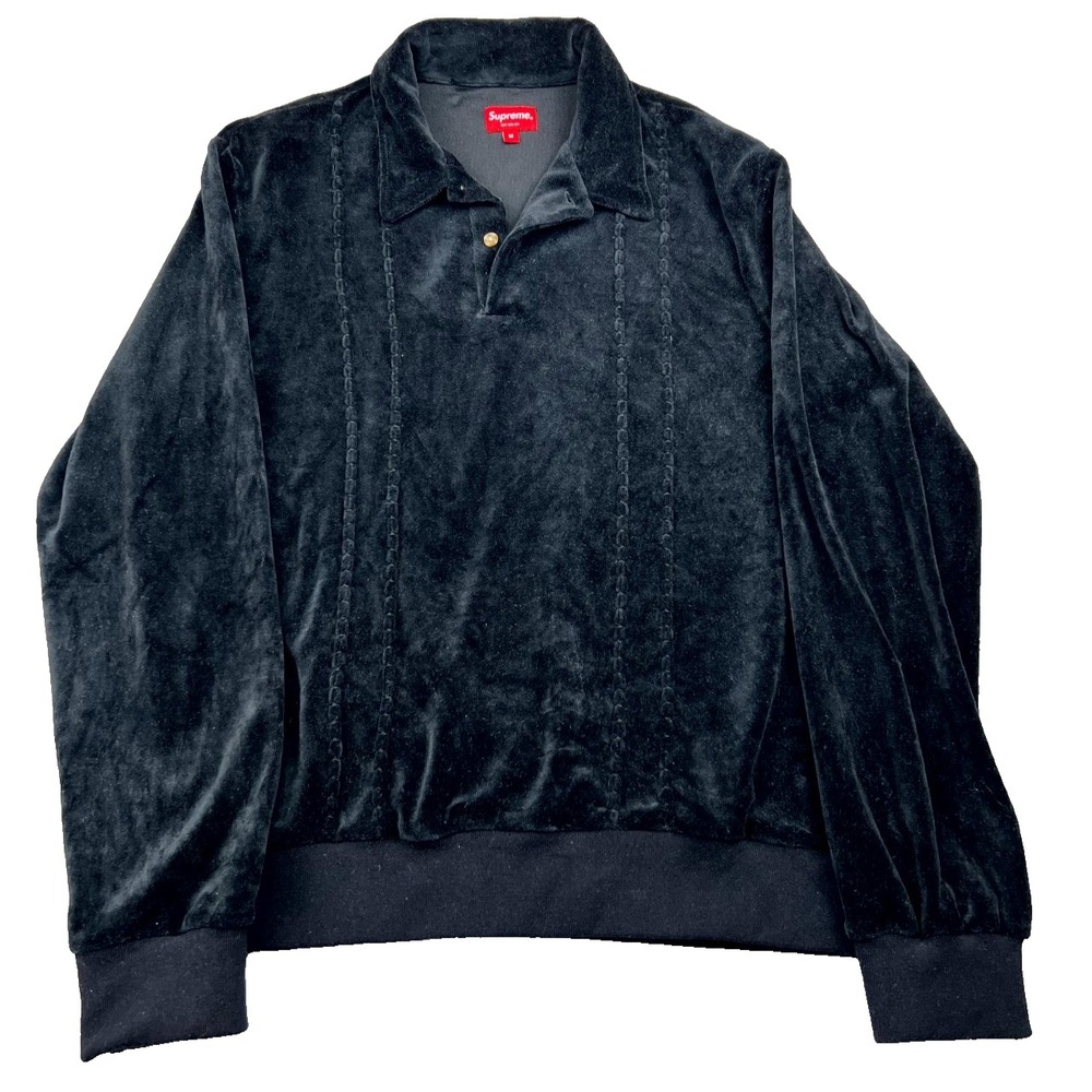 Supreme Rugby Polo Shirt Mens‎ Medium Black Cotton Velour Ribbed Street Wear